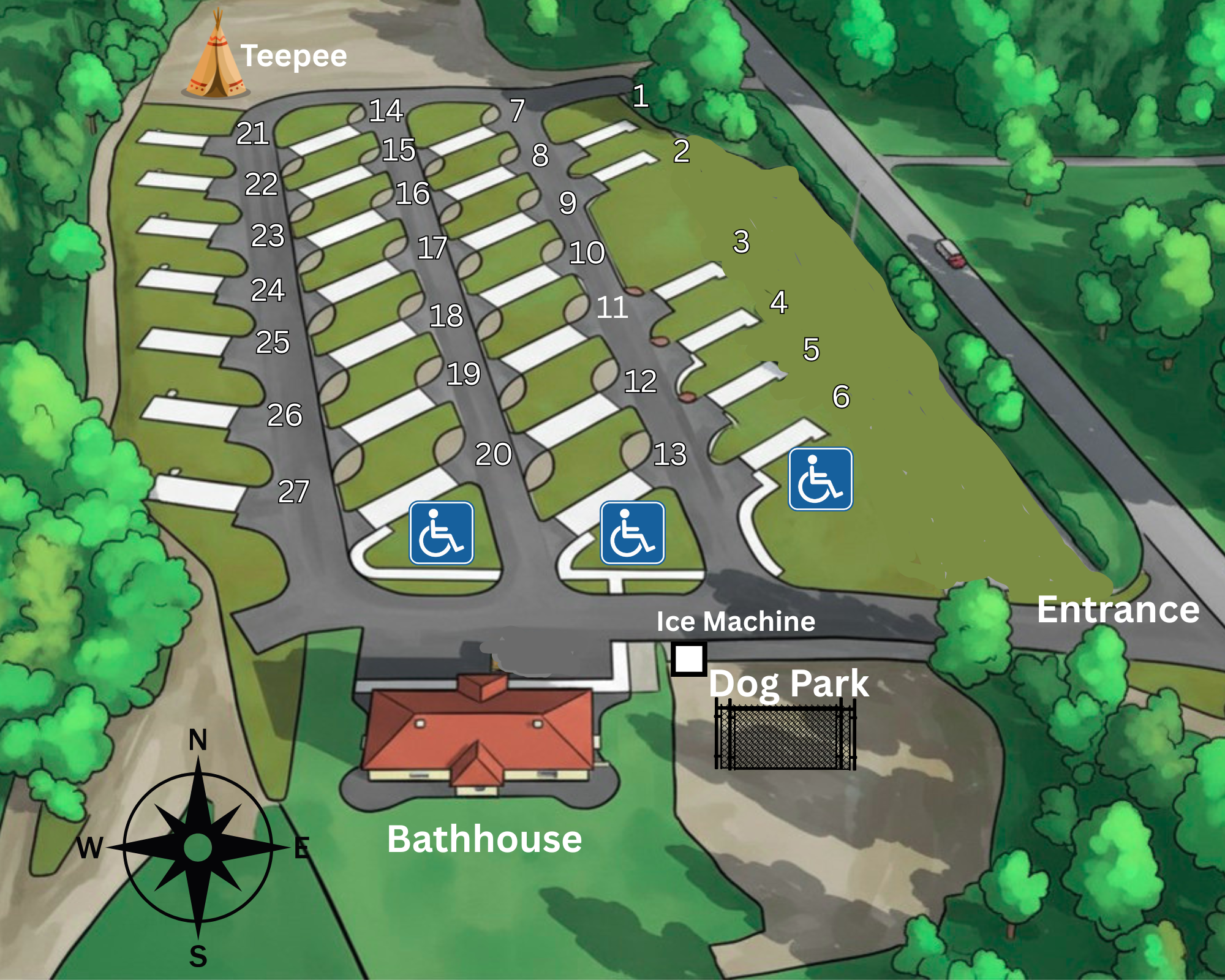 Illustrated aerial map of Canopy Oaks Place showing all 27 numbered RV pads, the bathhouse, dog park, ice machine, teepee, and entrance